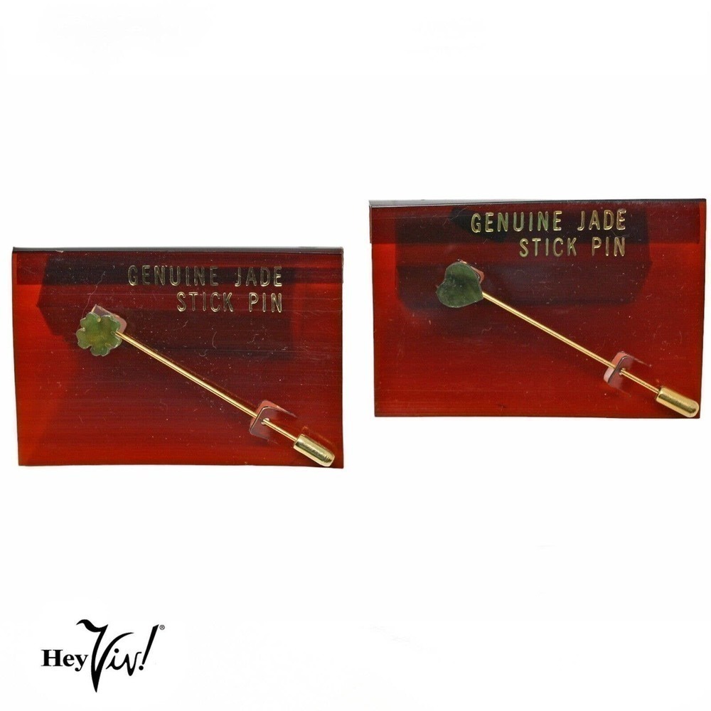 Vintage 2 Genuine Jade Stick Pins Taiwan ROC Label Clover & Heart Shape -Hey Viv